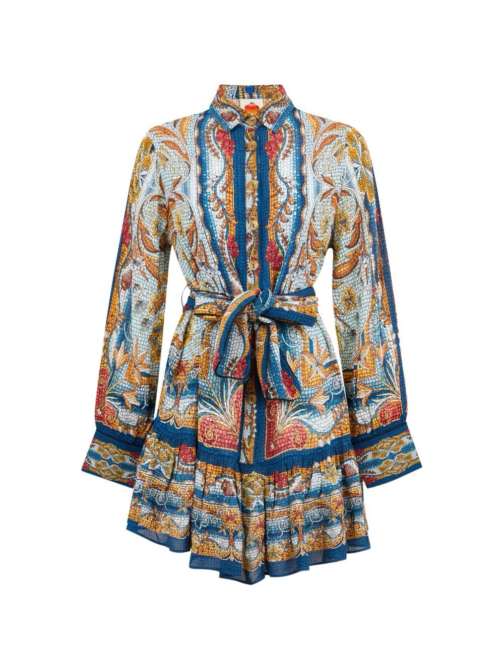 FARM Rio Blue, Gold and Red Paisley-Print Long-Sleeve Belted Mini Dress